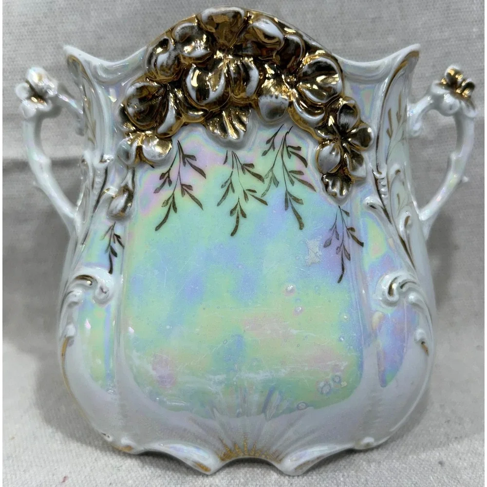 Antique 1910s Iridescent Luster Porcelain Vase Gold Gilt Floral Double Handle